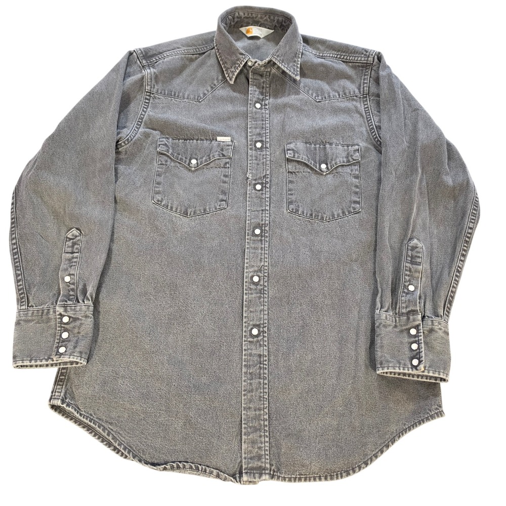 Carhartt Mens Western Denim Pearl Snap Shirt Faded Black Rugged Outdoor Wear VTG